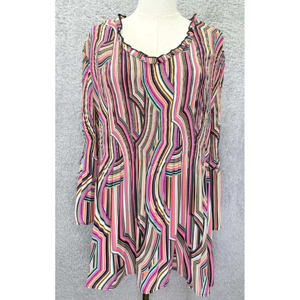 Womens 2X Abstract Striped Tunic Top Multicolor Scoop Neck Retro 70s Boho Neon